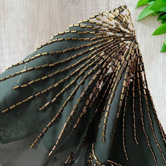 Vintage 60s Black Dress Elegant Beaded Collar Shoulder Drop Waist - Picture 7 of 11